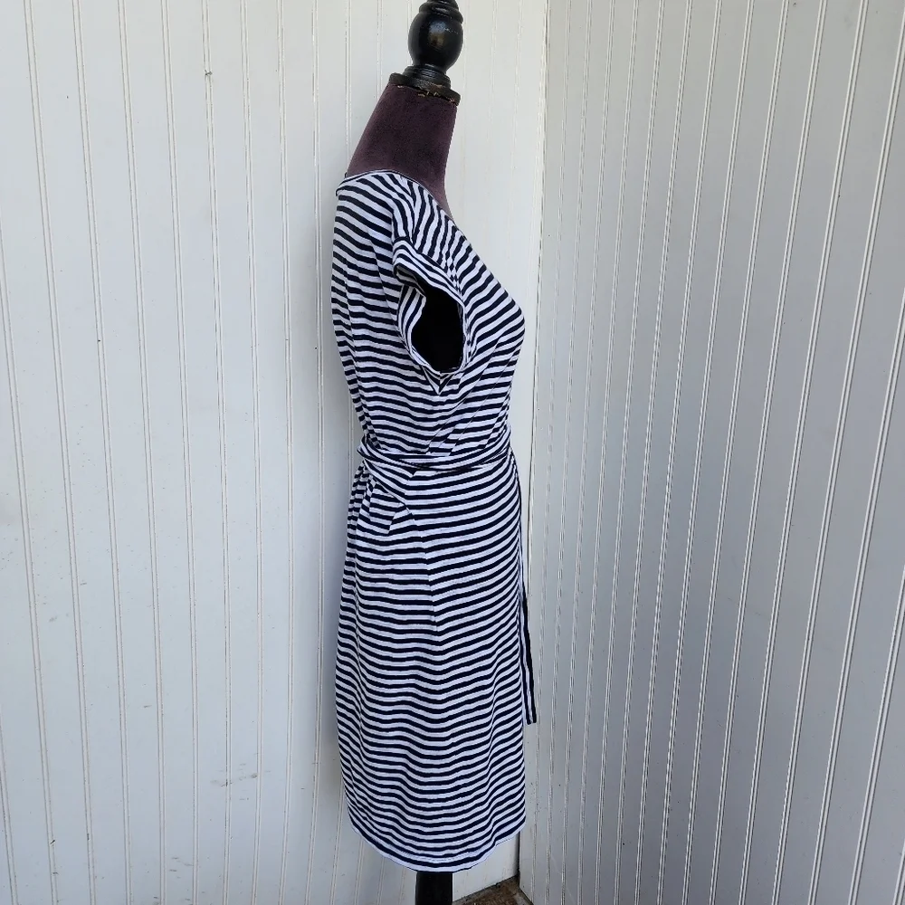 J. CREW Short Sleeve Black White Striped Dress Tie Waist Cotton Stretch Sz M